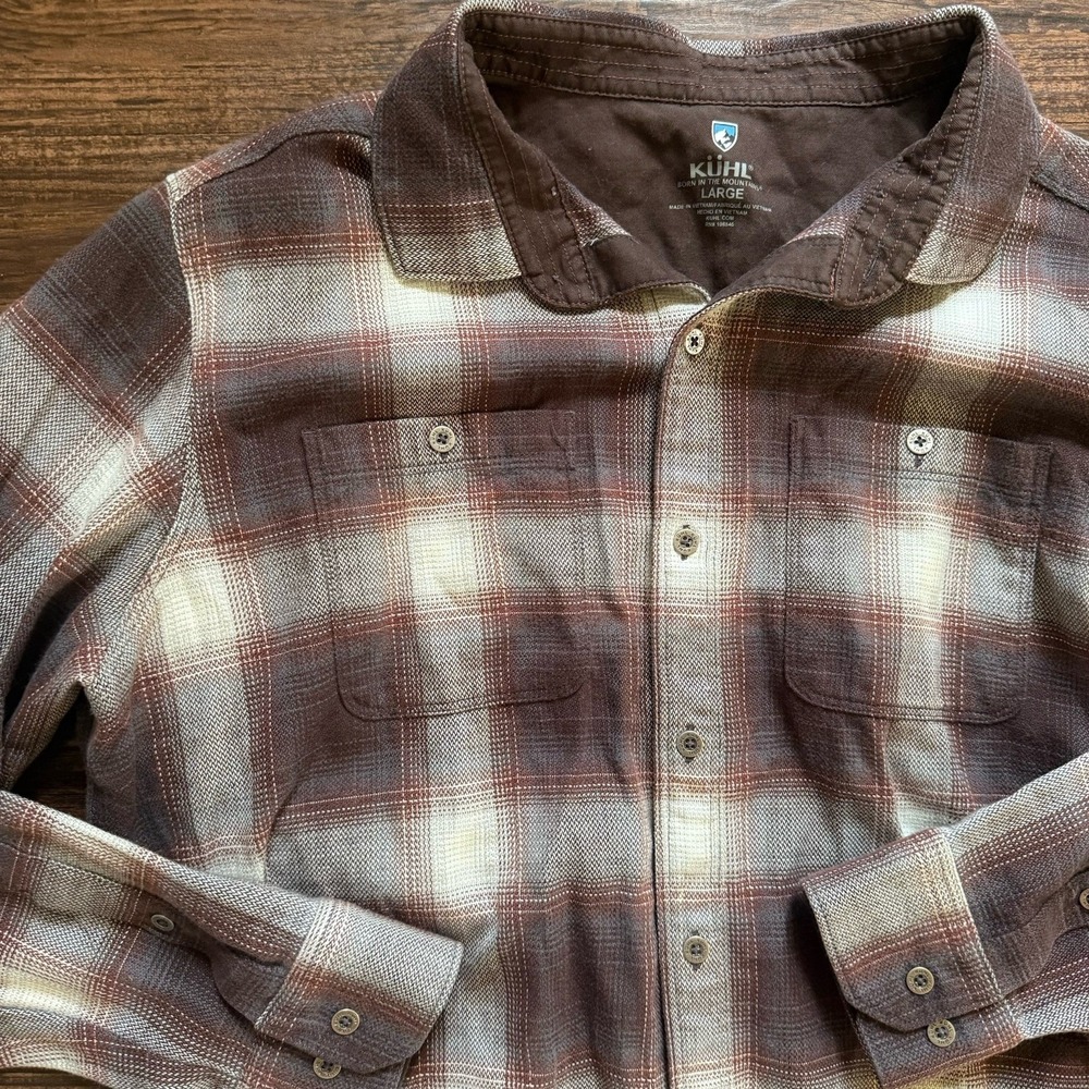 KÜHL Men's Large Brown Plaid Flannel Shirt Long Sleeve Outdoor Hiking